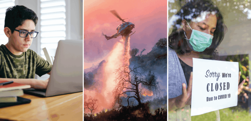 Kid studying, wildfire helicopter, closed sign