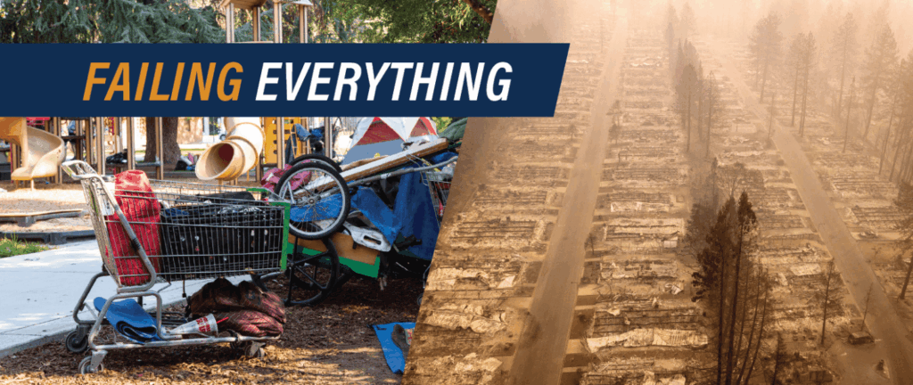 Unhoused shopping cart and aerial of wildfire destruction 